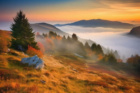 Colorful autumn sunrise in the Carpathian mountains. Ukraine, Europe. Beauty world.の素材