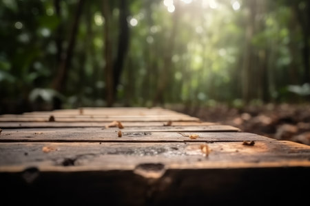 Wooden plank boardwalk in the forest with sunlight and bokeh background.の素材