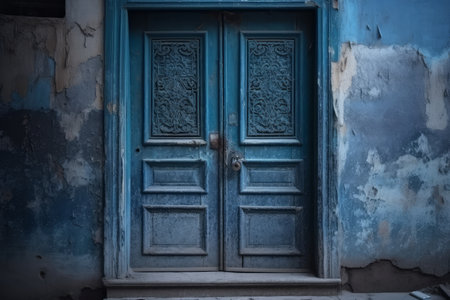Old blue wooden door in medina of Essaouira, Moroccoの素材