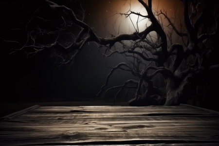 Halloween background with empty wooden table and dark tree. Ready for product display montageの素材