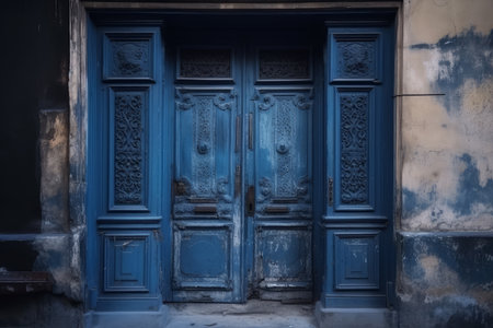 Old blue wooden doors in Kathmandu, Nepal. Blue door background.の素材