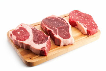 Raw pork chops on a cutting board. Isolated on white background.の素材