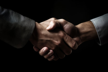 Close-up of two businessmen shaking hands on black background. Business conceptの素材