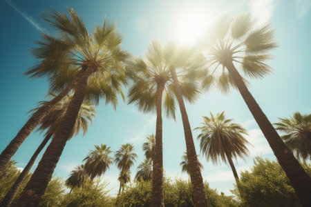 Palm trees against the blue sky and sun. Vintage style.の素材