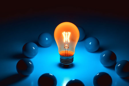Light bulb on blue background. Conceptual idea. 3D rendering.の素材