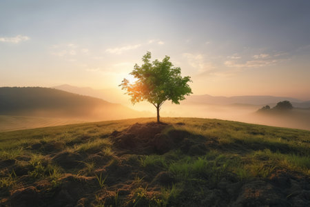 Tree in the morning with fog and mountain background, Nature landscape.の素材