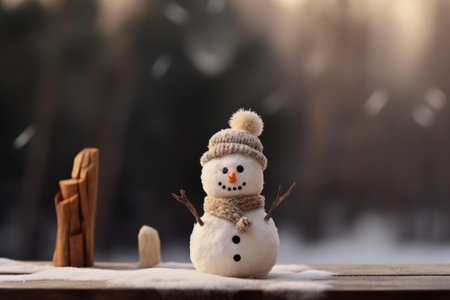 Snowman on a wooden table in the winter forest. Christmas concept.の素材