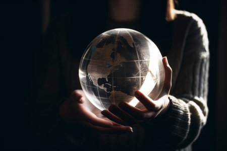 Woman holding glass globe in hands, closeup. Global business conceptの素材