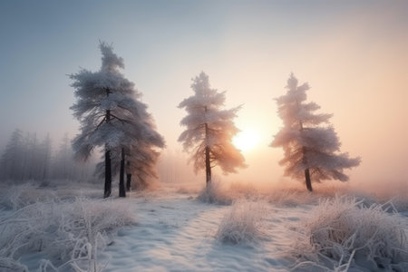 Frozen trees in the forest at sunrise. Beautiful winter landscape.の素材