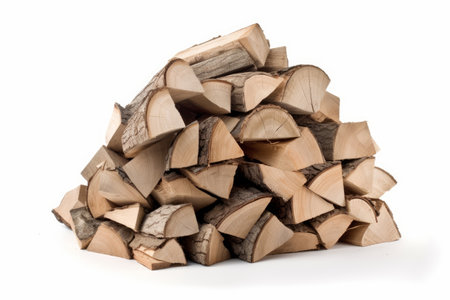 Pile of chopped firewood isolated on white background. Close up.の素材