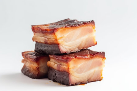 Slices of smoked bacon on a white background close-upの素材