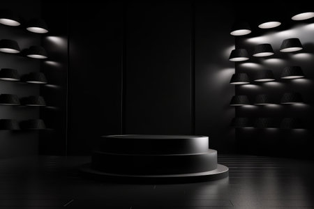 Black podium with lamps in the dark room. 3D rendering.の素材