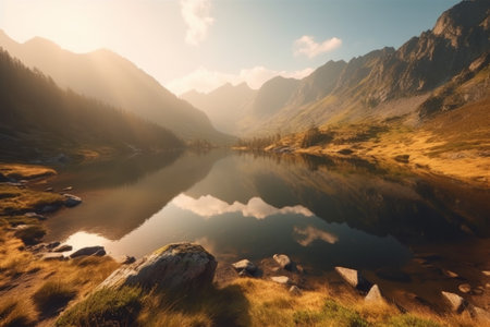Beautiful alpine lake with mountain reflection at sunset in the mountainsの素材