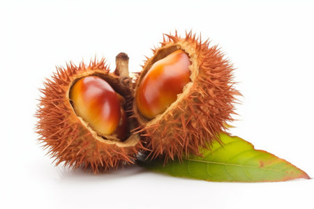Ripe chestnut on a white background. Close-up.の素材