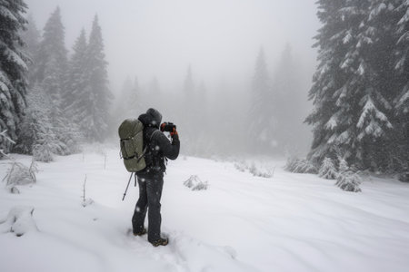 Hiker in the Carpathian mountains in winter with snowfallの素材