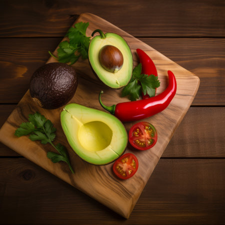 Avocado, tomatoes, chili peppers and parsley on a wooden cutting boardの素材
