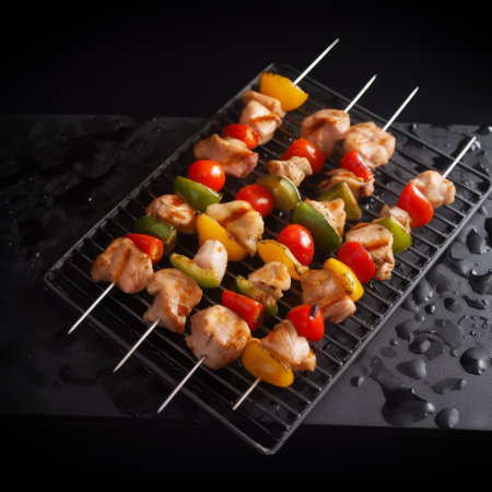 Grilled chicken shish kebab with vegetables on black backgroundの素材
