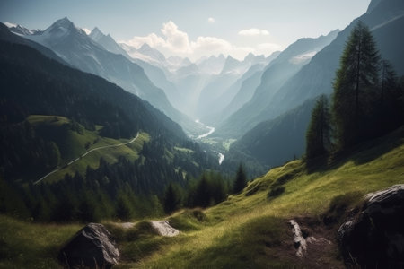 Panoramic view of the valley in the Alps, Switzerland.の素材