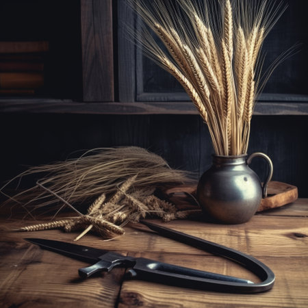 Still life with wheat ears and a knife on a wooden table.の素材