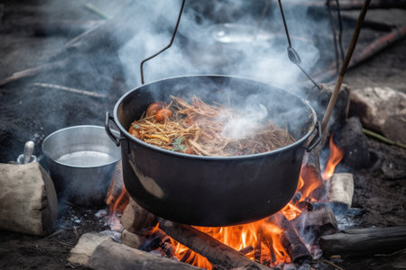 Cooking on a campfire in a cauldron on a hikeの素材