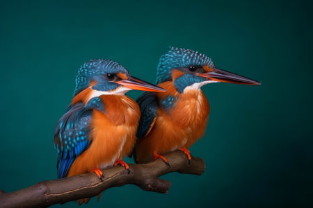 Two kingfishers on a branch on a dark green background.の素材