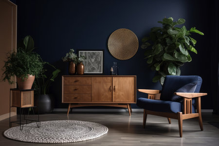 Interior of living room with wooden commode, armchair and plantsの素材