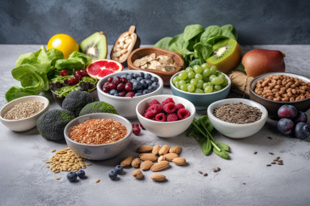 Healthy food clean eating selection: fruits, berries, superfoods, cereals and nuts.の素材