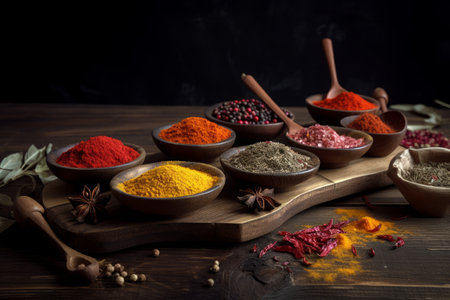 Spices and herbs on wooden background. Food and cuisine ingredients.の素材