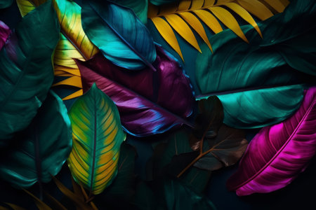 Colorful tropical leaves on black background. Flat lay, top viewの素材
