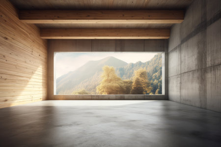 Interior of modern empty room with wooden walls, concrete floor and mountain view. Mock up, 3D Renderingの素材