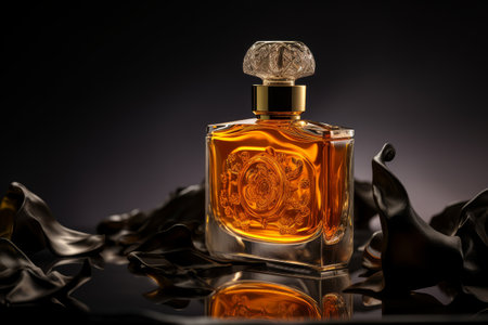 Bottle of perfume on black background with black drapery.の素材