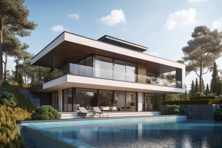 3d rendering of modern cozy house with pool and parking for sale or rent in luxurious style.の素材