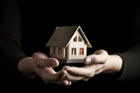 Close up of human hands holding house model. Mortgage and real estate conceptの素材