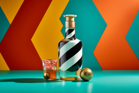 Bottle of tequila with a glass of orange and black stripes on a turquoise backgroundの素材