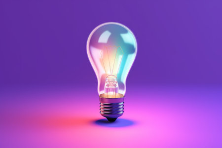 Glowing light bulb on purple background. 3D illustration. Idea concept.の素材