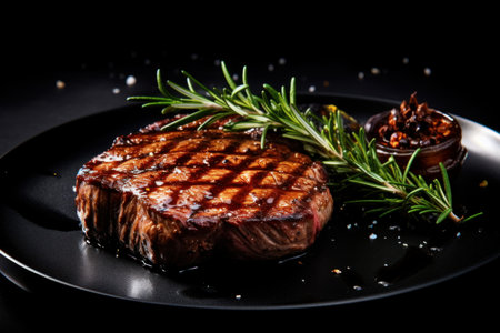 Grilled beef steak with rosemary and spices on a black plateの素材