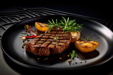 Grilled beef steak with baked potatoes and rosemary on black plateの素材