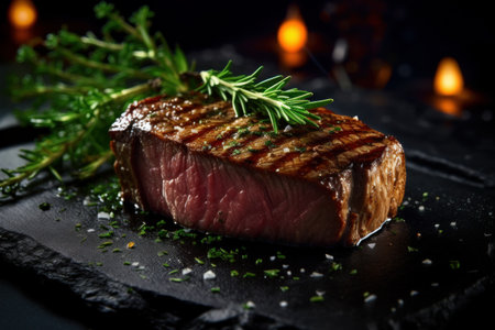 Grilled beef steak with rosemary and salt on a black backgroundの素材