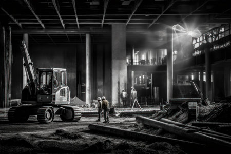 Workers in the construction site at night. Black and white.の素材