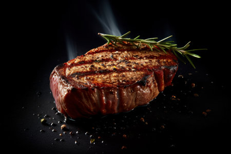 Grilled beef steak with rosemary and spices on a black backgroundの素材
