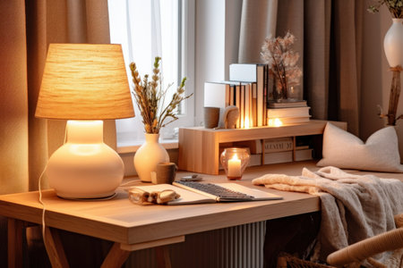 Comfortable workplace with modern lamp on table in room. Interior designの素材