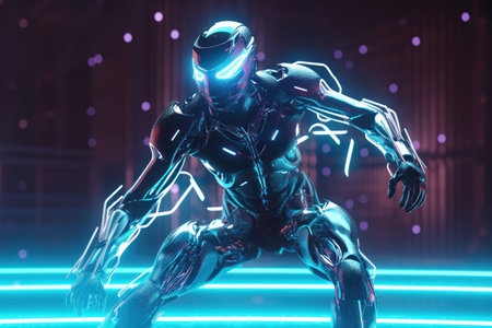 Cyborg male cyber man with glowing neon background. 3D renderingの素材