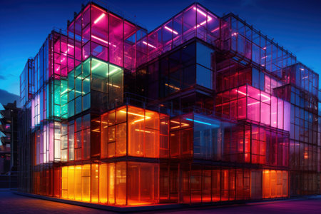 Modern office building illuminated with colorful lights at night. 3D renderingの素材