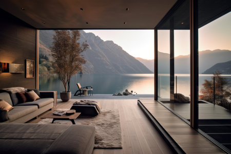 Luxury terrace overlooking the lake. Nobody inside, 3d renderingの素材