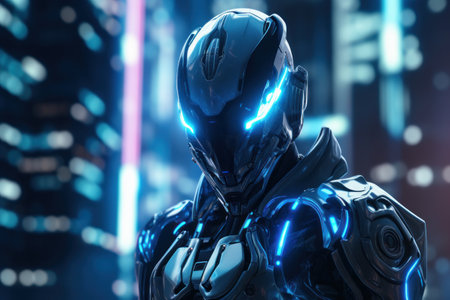 3D rendering of a male robot in front of a futuristic backgroundの素材