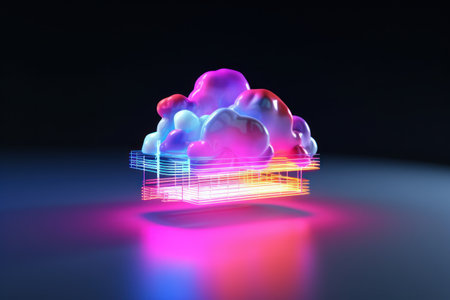 3d rendering of cloud in neon light on a dark background.の素材