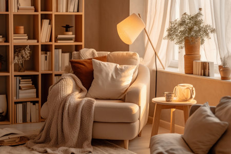 Cozy living room interior with armchair, lamp and bookshelfの素材