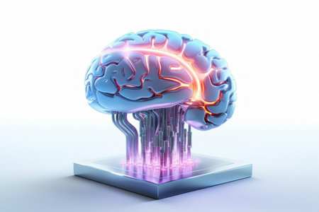 Human brain with glowing light on white background. 3D illustration.の素材