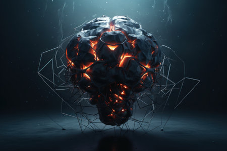 3D rendering of an abstract human brain with glowing particles in dark spaceの素材