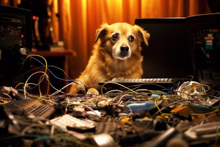 Dog on the floor in front of a computer monitor with broken cablesの素材